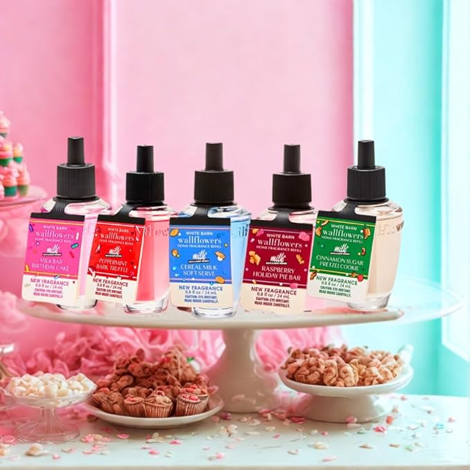 Bath &amp Body Works Wallflowers Refills MILK BAR Collection 2025 5pc Gift Set w/ 30-Inch Metallic Gold &amp Silver Striped Bow – Birthday Cake Cereal Milk Raspberry Pie Peppermint Bark &amp Cin