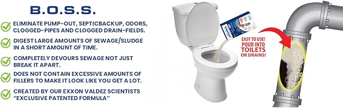 B.O.S.S. Septic Tank Treatment - 12.5oz Powder - 24 Drain or 5 Septic Doses - Patented Bacterial Enzyme - 100% Treats Odors Clogs Backups Pumpouts &amp Repairs - Works in All Septic Systems - Made in