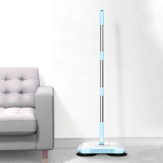 Hand Push Floor Sweeper 2 in 1 Vacuum Cleaner Household Sweeper Mopping Machine 180 Degree Rotating Electric Floor Mops for Wooden Marble Tile (Blue)