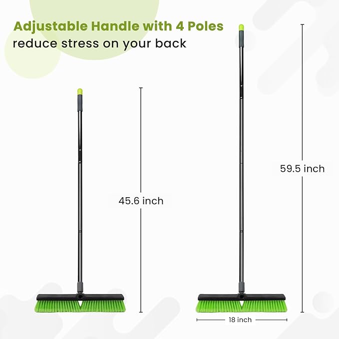 18” Indoor Shop and Garage Push Boom with Soft Bristles Heavy Duty Brush Broom with 59” Long Handle for Commercial &amp Residental Floor Cleaning Sweeping