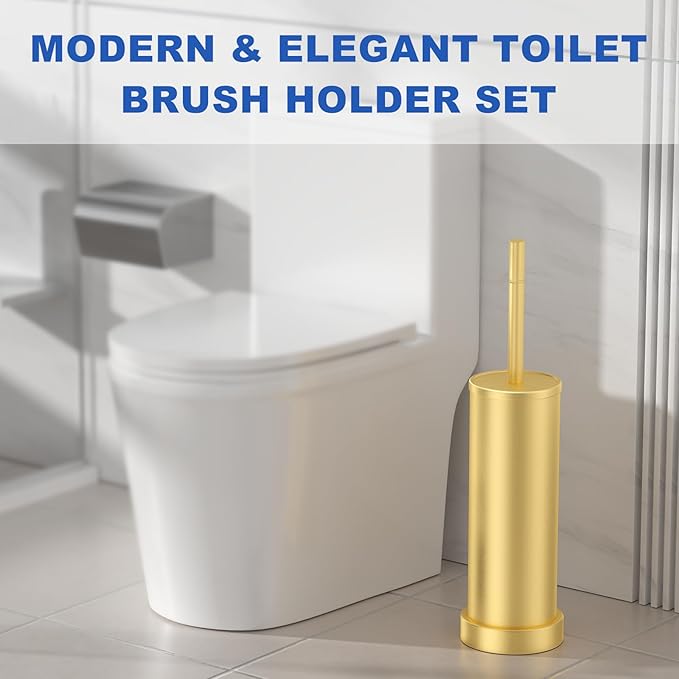 Toilet Brush and Holder Set: 304 Stainless Steel Brushed Gold Toilet Bowl Brush and Holder with Removable Inner Bowl and Splash Protection Heavy Duty Long Handle Bathroom Cleaning Tool