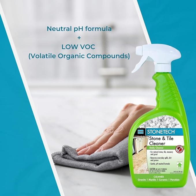 StoneTech Stone &amp Tile Cleaner Spray – Daily Cleaner for Granite Marble Ceramic Porcelain &amp Stone – Removes Spills Dirt &amp Grease – pH Neutral - 2-Pack 24oz each + 2 Microfiber Cloths