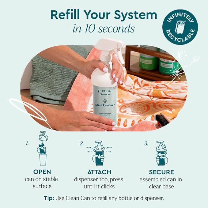 Puracy Clean Can Laundry Stain Remover - Fabric Stain Remover for Clothes Laundry - Stain Treater - Active Enzyme Laundry Stain Remover Spray - Spot Remover for Clothes (3 Pack Refill Free &amp Clea