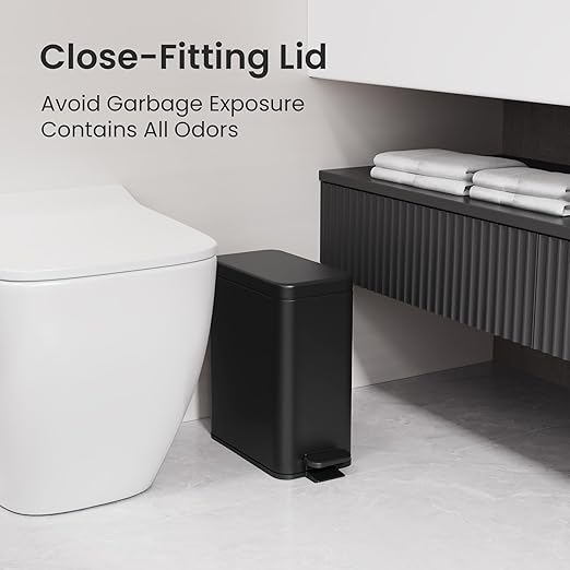 Cesun Bathroom Trash Can with Lid 2.6 Gallon Small Black Bathroom Garbage Can Soft Close Stainless Steel Waste Basket with Step Pedal for Bedroom Laundry Room Living Room Home Office Toilet RV