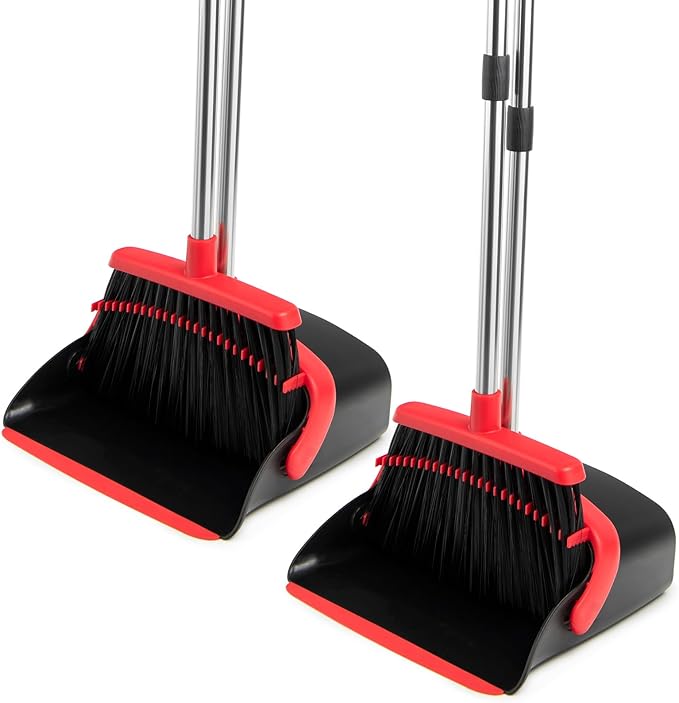 Broom and Dustpan Set with Long Handle Heavy Dust Broom and Dustpan Combo for HomeKitchen Office Pet Hair 2PCS (Black Red)