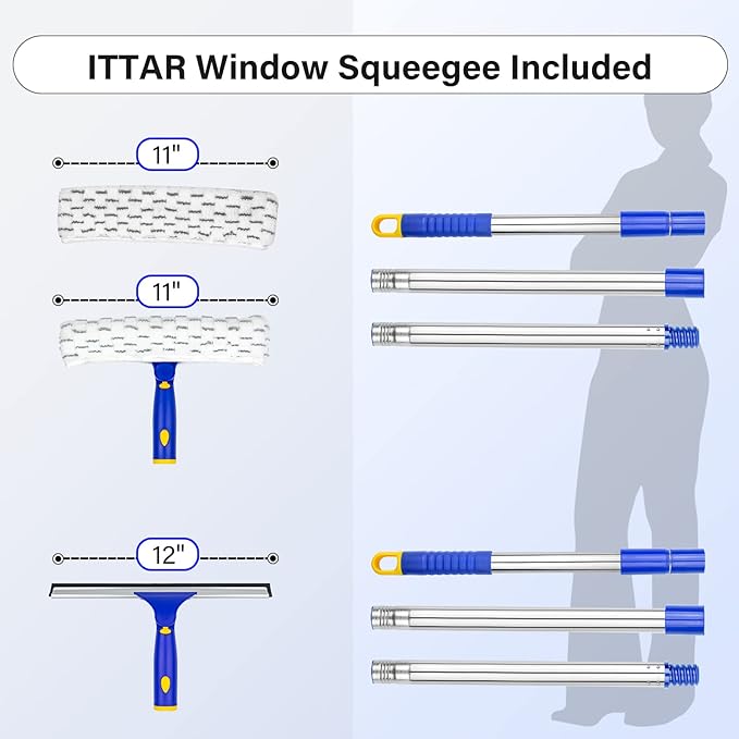 ITTAR Window Squeegee with 2 Sets Stainless Steel Pole Squeegee Cleaning Tools with Microfiber Pads 60-72 Telescopic Window Washing Kit Professional Squeegee Cleaner for Home Car Outside Glass