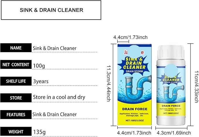 Powerful Drain Unblocker for Kitchen and Toilet - Dissolves Grease &amp Food Residue Fast Eliminates Odors Keeps Drains Clear(1PCS)