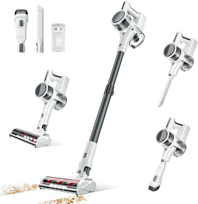 Cordless Vacuums 80000PRM Powerful Motor Vacuum Cleaner and 2200mAH Rechargeable Battery up to 35 Mins Worktime 2 Adjustable Modes Detachable Parts Wireless Stick Vacuum (Mist White)