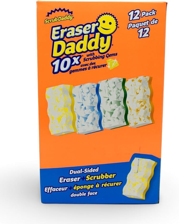 Scrub Daddy - Eraser Daddy with Scrubbing Gems Dual-Sided Scrubber and Eraser Lasts 10x Longer Than Ordinary Melamine Erasers Water Activated Ergonomic Pack of 12 Includes 4 Colors