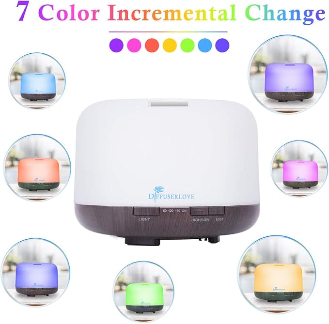 Diffuserlove Essential Oil Diffuser 500ML Aromatherapy Diffuser Mist Humidifiers 7 Color LED Lights Diffusers for Home Office Bedroom (Size:6.7 L x 6.7 W x 4.7 H)
