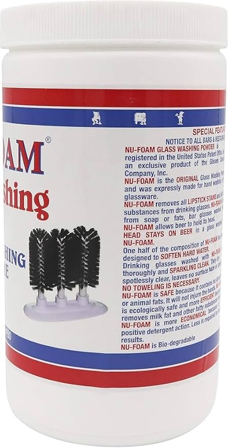 Nu-Foam Glass Washing Powder - Detergent for Bar Glassware – Original Streak-Free Solution - Hand Washing Bar Tavern Brewery Supplies - Concentrated 2 Lb Jar