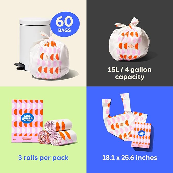 Who Gives a Crap 100% Recycled Small Trash Bags 60 Count 4 Gallon Sustainable Garbage Bags for Kitchen Office or Bathroom Trash Can Designed to Help Resist Leaks and Tears Durable Tie Handles