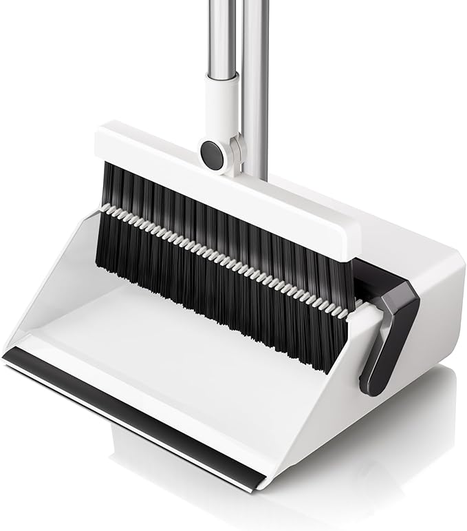 Broom with Dustpan Combo SetUOEOS One-Sweep CleanPet Hair Removal Broom with Self-Cleaning Double-Layer TeethHigh Density Broom and Windproof Dustpan for Indoor&ampOutdoor