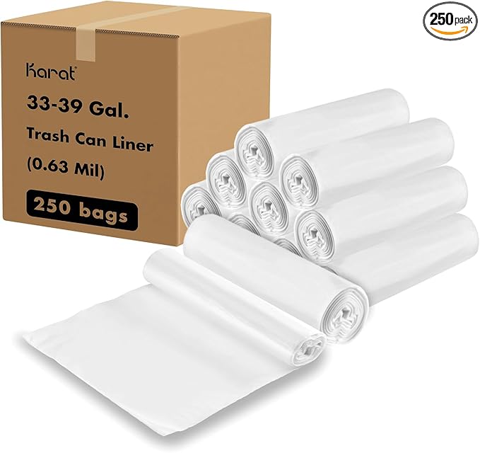 Karat Trash Bags [33-39 Gal - 250 pc] | 16 Microns | Clear High Density Garbage Can Liners | 30 x 40