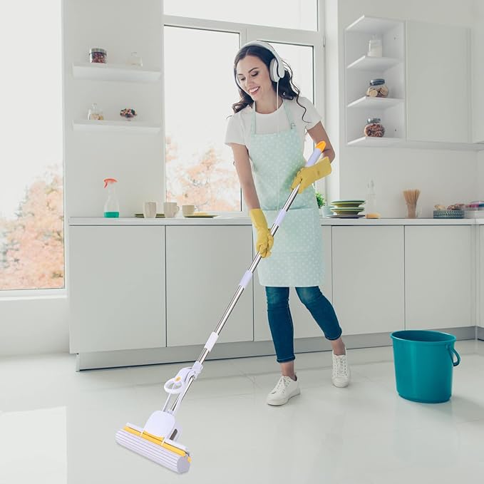 PVA Sponge Mops for Floor Cleaning Squeeze with 60 Long Handle Self Wringing Mop with 15 Head for Kitchen Bathroom Tiles Sponge Mops for Floor Cleaning with Wringer DUDTO