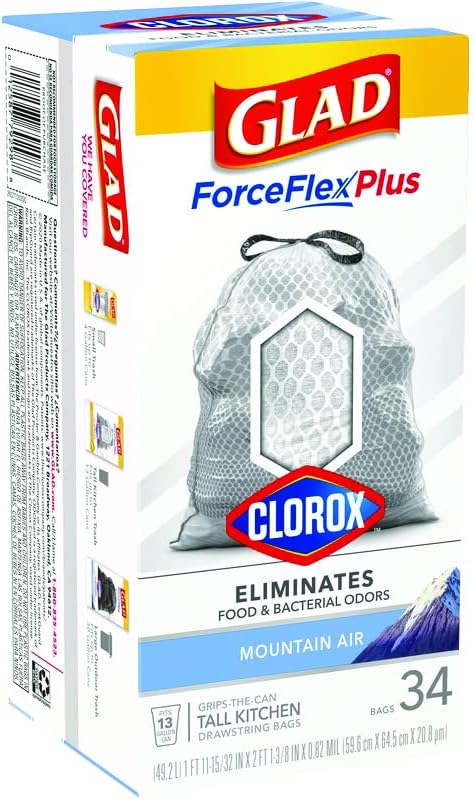 Glad 6030447 13 gal Force Flex Plus Mountain Air Scent Tall Kitchen Drawstring Bags - Case of 34 - Pack of 6