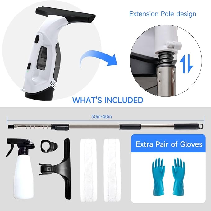 Window Vacuum Squeegee Cordless 2000Pa Electric Window Cleaner Tool with Extension Pole Window Cleaning Kit 11 Shower Squeegee for High Windows Shower Doors Tile &amp Car Windshield