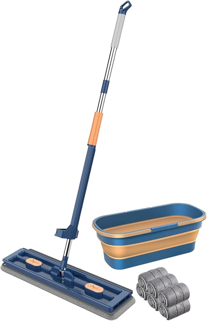 Large Flat Mop with Bucket with 6 Microfiber Pads Streamline Mop 360 Rotation Floor Mop Independent Liquid Tank and Drainage Scraper Thickened EVA Wiper Strip (Blue1)