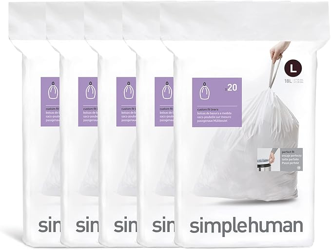 simplehuman Code L 100 Count Dispenser Pack Custom Fit Liners Drawstring Trash Bags 18 Liter / 4.7 Gallon White