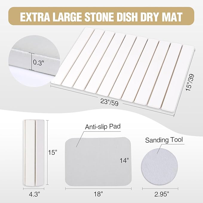 Large Stone Dish Drying Mats for Kitchen Counter 23x15in. Diatomaceous Earth Water Absorbing Mat White
