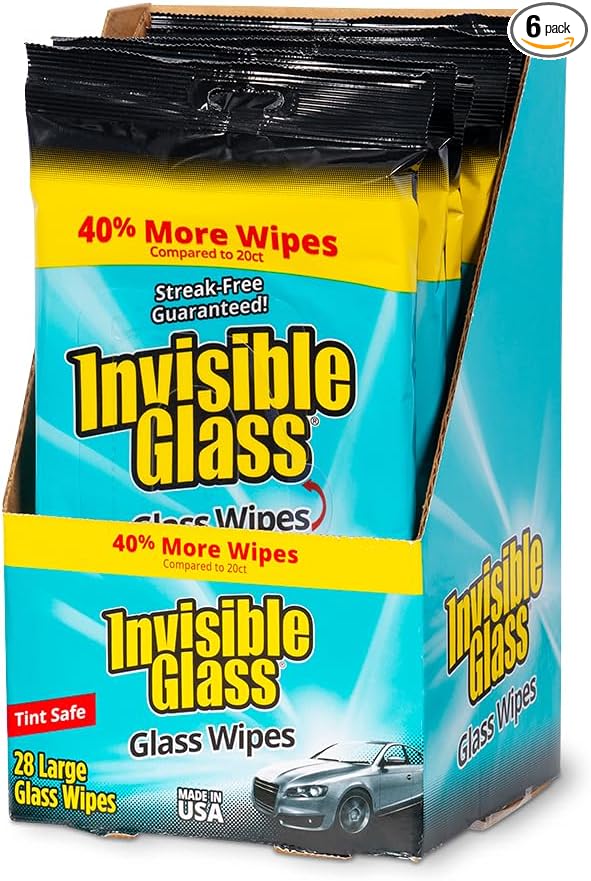 Invisible Glass 90161-6PK Large Glass Cleaning Wipes for Streak-Free Windows Mirrors and Glass Lint-Free Ammonia-Free Tint-Safe for Home and Auto Flat Pack 28 Count (Pack of 6)