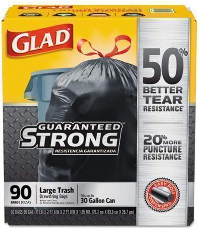 GLAD Drawstring Large Trash Bags 30 X 33 30gal 1.05mil Black 90/carton