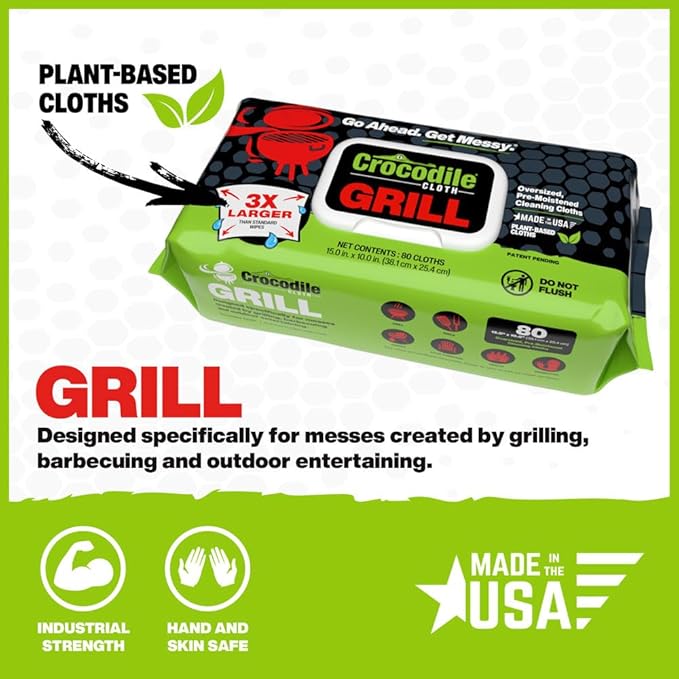 Crocodile Cloth Grill Wipes 640 Count (8 Packs) – Extra-Large 15” x 10” Plant-Based Cleaning Cloths Safe on Skin &amp Surfaces Pre-Moistened with Aloe &amp Vitamin E
