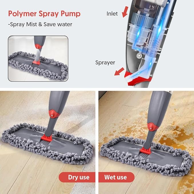 Microfibre Spray Floor Mops for Floor Cleaning Domi-Patrol Cleaning Mops for Hardwood Laminate Tiles Floors Dry Wet Mop Dust Mops with 3 Mop Heads Replacement Pads &amp 635 ML Bottle