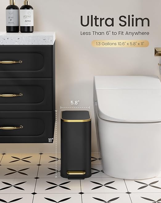 Cesun Small Bathroom Trash Can with Lid Soft Close 5 Liter/1.3 Gallon Stainless Steel Garbage Can with Removable Inner Bucket Step Pedal Slim Waste Basket for Toilet Office Bedroom (Black&ampGol
