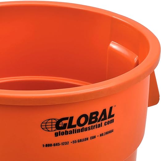 Global Industrial Commercial Round Trash Can 55 Gallon Capacity Plastic Garbage Can Indoor and Outdoor Utility Trash Can Orange 26-1/4W x 33-1/8H No Lid