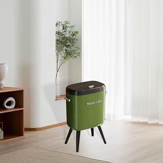Garbage Can with Legs Dustbin High Foot 15L Large Capacity Household No Bending Wastebasket for Office Bedroom Kitchen Toilet Green