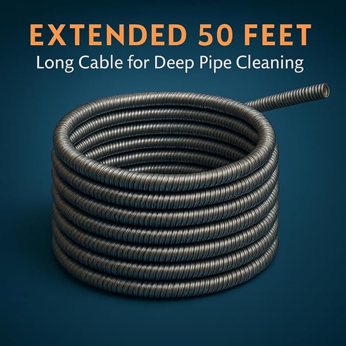 50 FT Drain Snake Hair Drain Clog Remover Manual Or Powered Plumbing Snake With Drill AdapteUnclog Sink Drain Tool Drain Auger for Toilet、Shower、Kitchen、Sink No Auto Retract Or Feed Blue