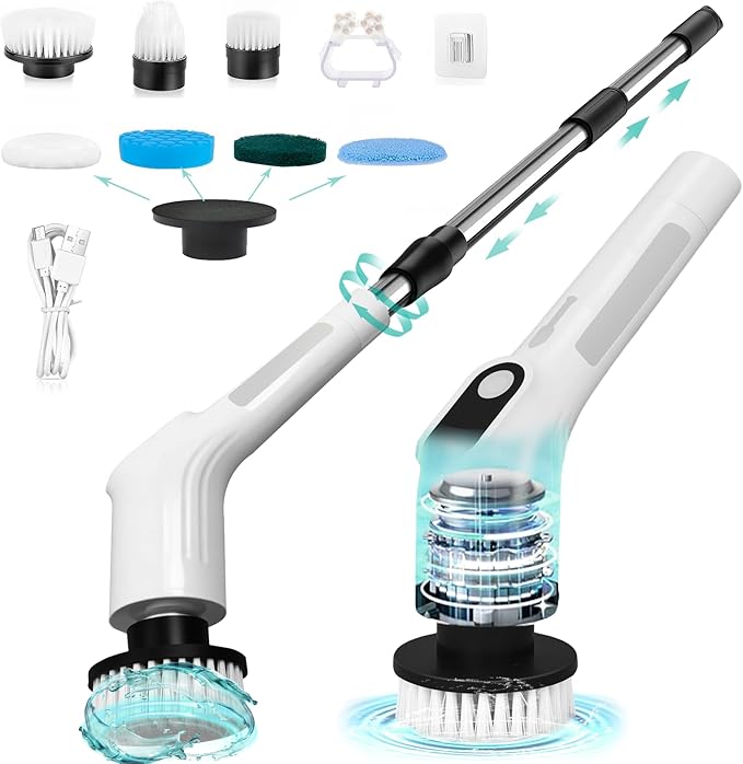 LICHIFIT Electric Spin Scrubber Waterproof Cordless Shower Cleaning Brush with Replaceable Brush Heads and Adjustable Extension Handle 2 Speeds for Bathtub Kitchen Wall Cleaning