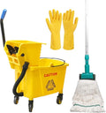 Side Press Wringer Combo Commercial Mop Bucket on Wheels 35 QuartYellow Including Commercial Mop and Rubber Gloves