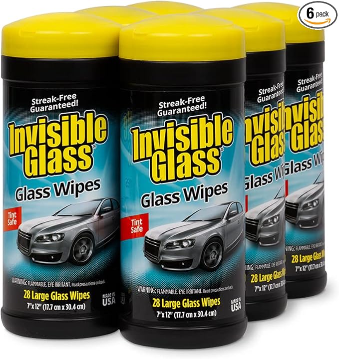 Invisible Glass 90166-6PK Large Glass Cleaning Wipes for Streak-Free Windows Mirrors and Glass Lint-Free Ammonia-Free Tint-Safe for Home and Auto Canister 28 Count (Pack of 6)
