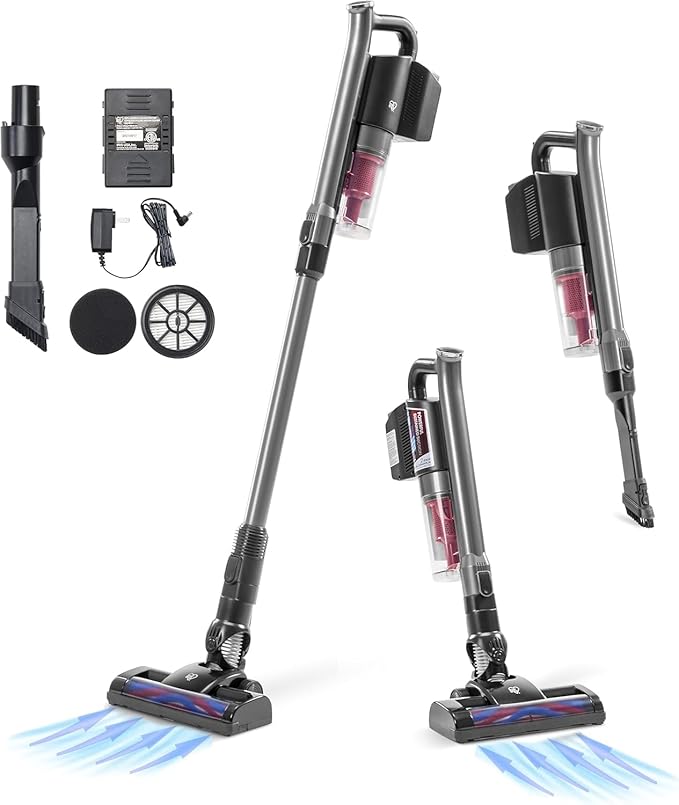 IRIS USA Power Brush Cordless Stick Vacuum for Low-Profile Carpet Rugs and Hard Floors 4-in-1 Attachments 9000Pa Suction LED Indicator 60K RPM 35 Min Runtime Battery Pet Hair Cleaner