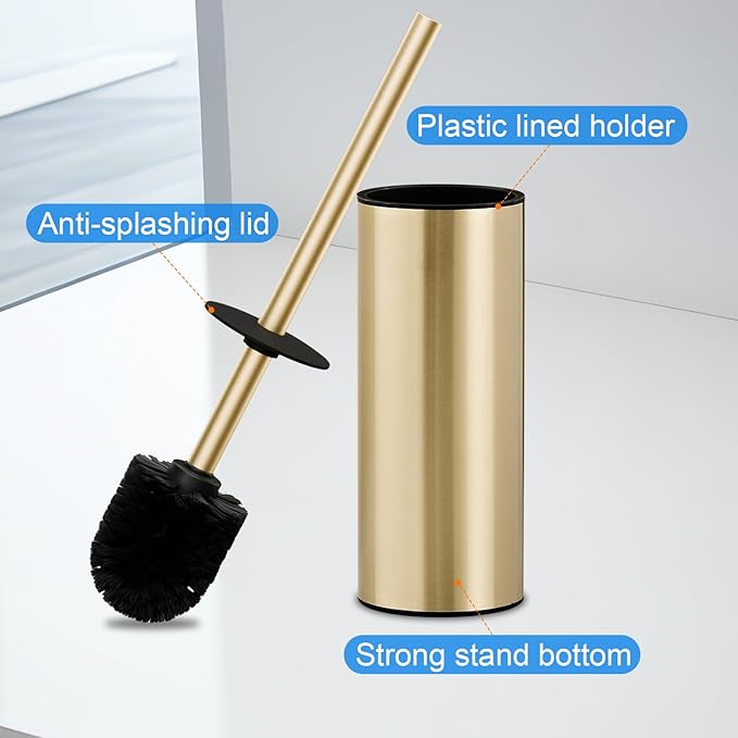 304 Stainless Steel Toilet Bowl Brush and Holder Set Circular Floor Toilet Brush Holder Long Handle Bathroom Heavy-Duty Cleaner High-End Cylinder Wall2 Brush Head (Brushed Gold) YIGUANXIN
