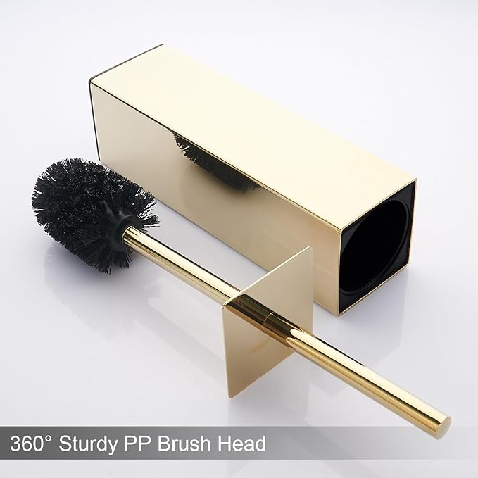Gold Square Stainless Steel Toilet Brush with Holder 304 Modern Toilet Brush Set – Rust Resistant Long Handle Replacement Heads Floor Standing Bathroom Toilet Cleaning Brush