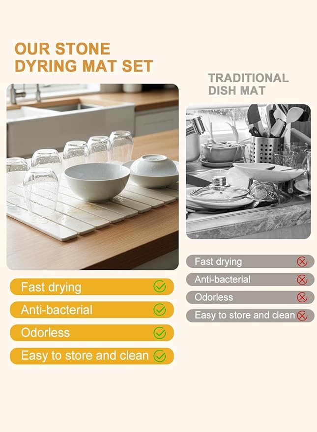 Large Stone Drying Mat for KitchenCounter24(L)×16(W)Collapsible Absorbent Diatomaceous Earth Dish Drying MatQuick-Dry Draining Mat for Dishes Cookware Bottles Cups Match Any Countertop