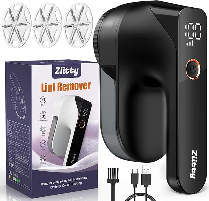 Fabric Shaver - Ziitty Lint Remover for Clothes Sweater Defuzzer with LCD Display 3-Speeds 6-Blade Type-C Rechargeable Sweater Shaver to Remove Pilling Fuzz Lint Balls Pills for Clothes Furniture