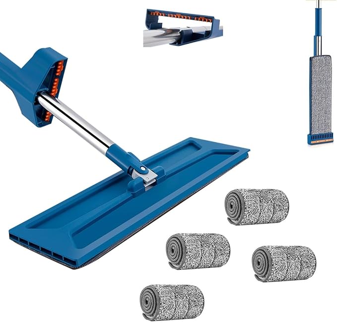 Self Wringing Flat Mops Multi-Functiona 360 Rotating Microfiber Mop Scraper Floor Cleaning Flat Mop Wet and Dry Large Flat Mop for Tile and Laminate Flooring(4pcs)