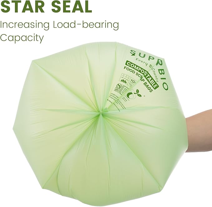 SUPERBIO 1.6 Gallon Handle Tie Compostable Food Scrap Bags Small Compost Bags with Handles 50 Count 2 Pack BPI &amp OK compost INDUSTRIAL