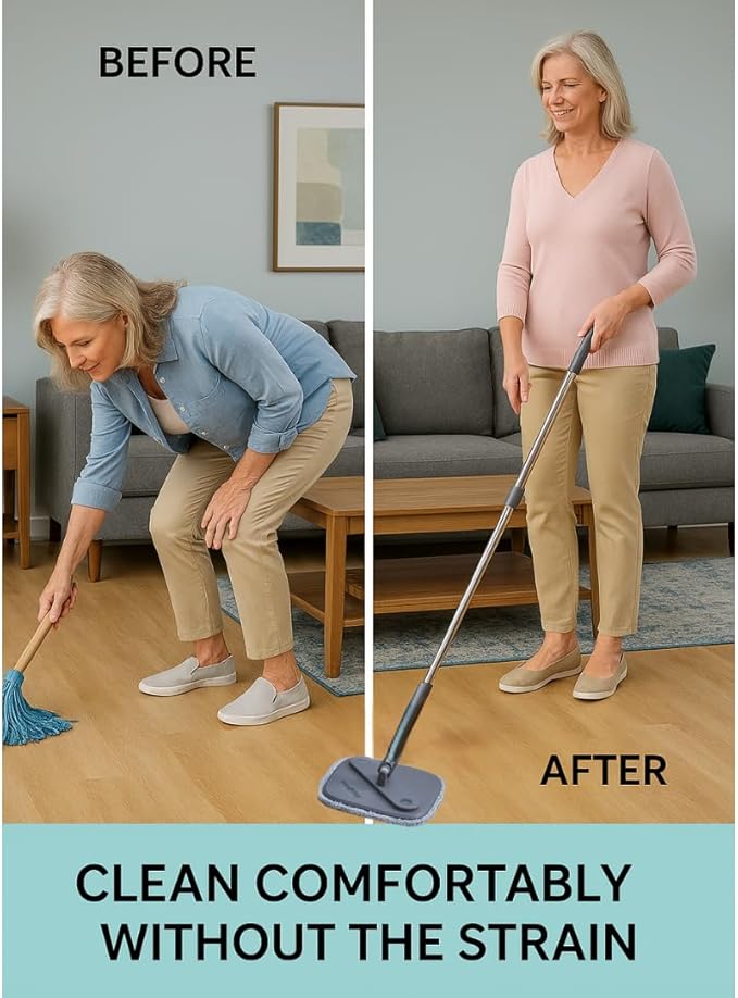TRUE &amp TIDY Square Spin Mop &amp Bucket System – Dual Chamber for Clean &amp Dirty Water 360° Rotating Self-Wringing Mop with Built-in Scrub Brush Stainless Steel Handle &amp 2 Reusable Micro