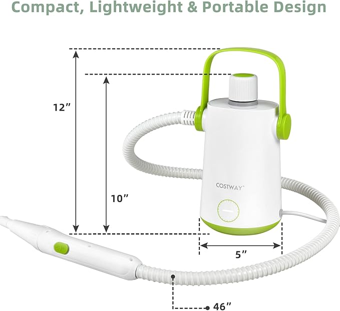 COSTWAY Handheld Multipurpose Steam Cleaner with 300ml (10.2oz) Water Tank Extended Hose &amp Extra-long Cord Portable Heavy Duty Steamer for Garment Windows Tires 10 Piece Accessory Set (Green