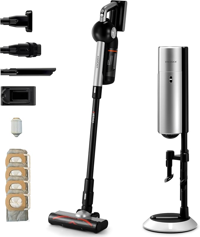 CoreJet5+ Cordless Vacuum Cleaner 450W 150AW 33KPA Self-emptying Stick Vacuum with All-in-One Dock &amp 2 Rechargeable Battery for Home Pet Hair Carpets and Floors 3 Power Modes Up to 60 Mins