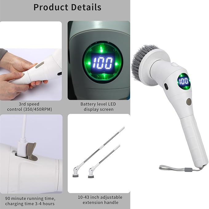 Taoke Electric Scrubber Brushes 8 Replaceable Cleaning Heads &amp Adjustable Handle 3 Speeds with Night Light and LED Display Bathroom Grout Floor Wall Sink Scrubber