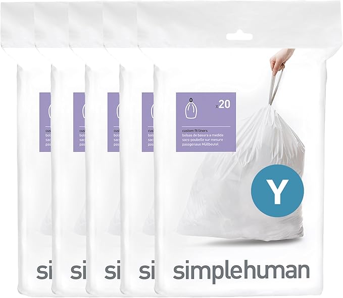 simplehuman Code Y 100 Count Genuine Custom Fit Liners Drawstring Trash Bags 115 Liter / 30 Gallon White