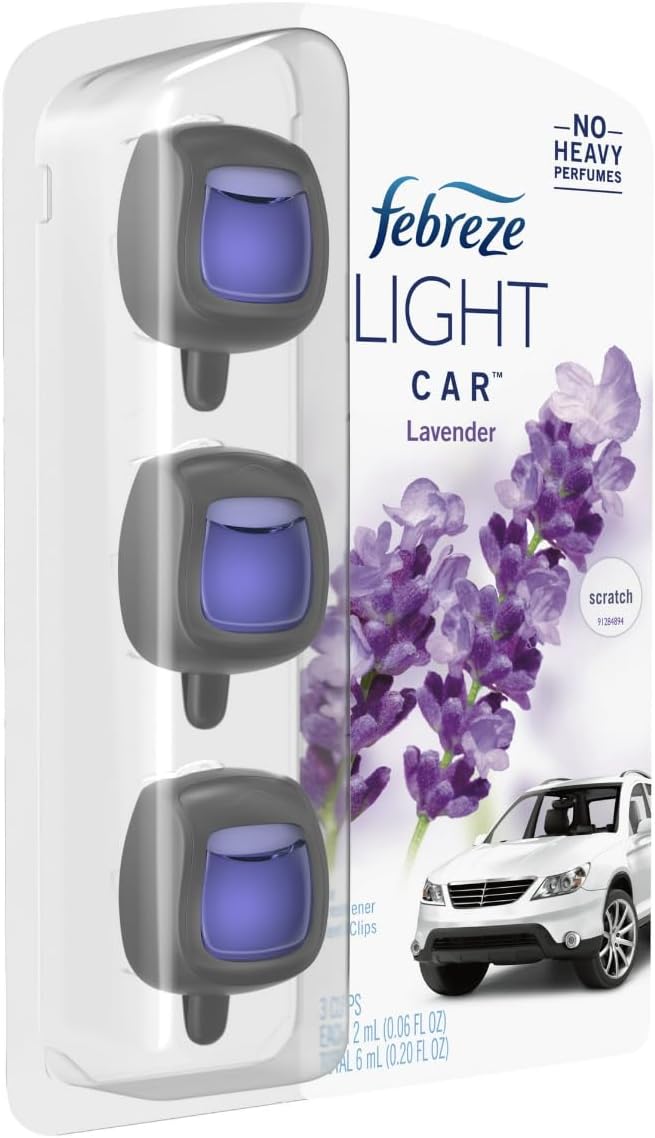 Febreze LIGHT Odor-Fighting Car Freshener Vent Clip Lavender 06 oz Pk of 3 and Storage Case Beige