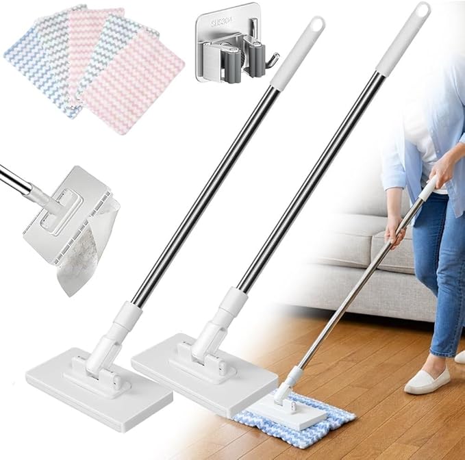 Snap Grip Mini Mop 2026 Disposable Dust Mop with 4 Reusable Cloths Multi Surface Cleaning Flat Dust for Dry Wet Disposable Pads for Kitchen Wall Bathroom Toilet Corners(White 2)