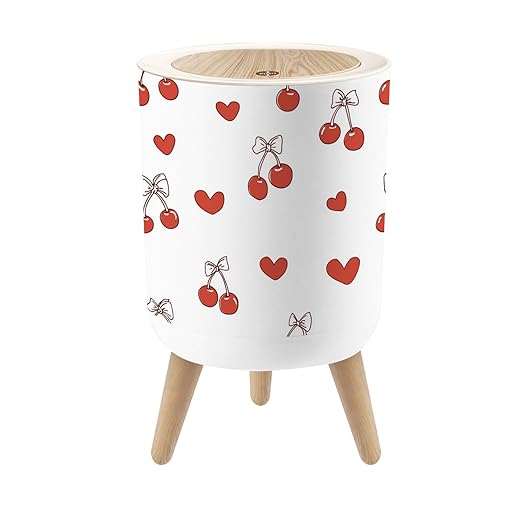 Bathroom Trash Can with Lid Draw Seamless red Cherry Bow Retro Valentine Day Fabric Print Doodle Garbage Bin Waste Basket for Kitchen Office Bedroom Decoration Diaper Pail 1.8 Gallon